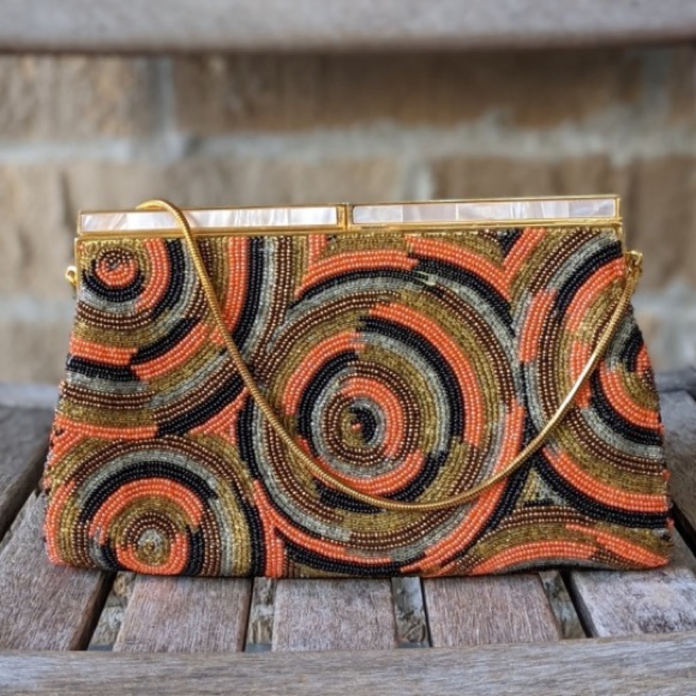 Vintage 1960s Beaded Mother of Pearl Clutch Bag